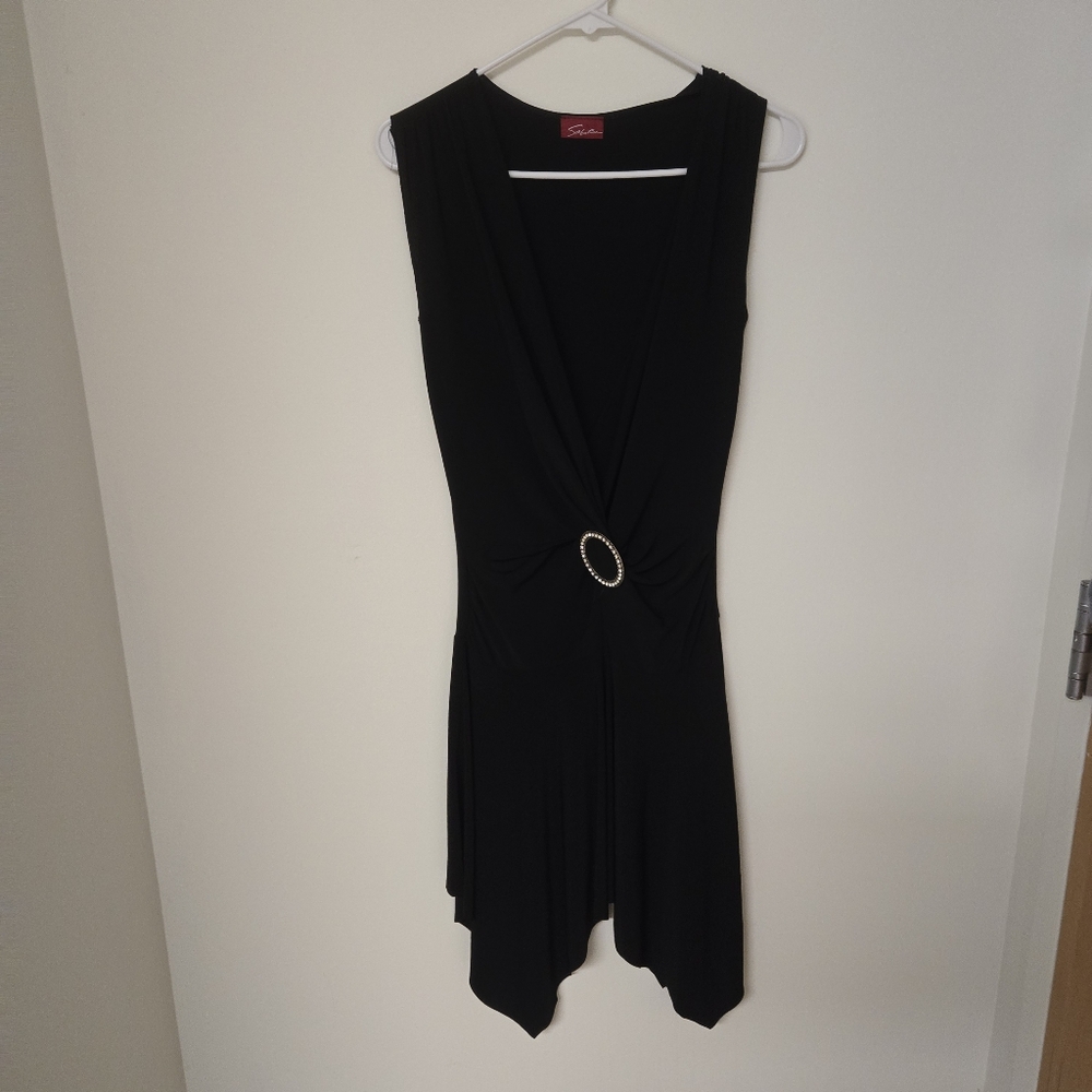 Plunge Asymetrical Black Dress with Silver Accent